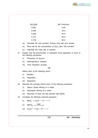172 XII – Chemistry
AK
[N2O5]/M (M) Time/(min)
0.400 0.00
0.289 20.0
0.209 40.0
0.151 60.0
0.109 80.0
(a) Calculate the rate constant. Include units with your answer.
(b) What will be the concentration of N2O5 after 100 minutes?
(c) Calculate the initial rate of reaction.
21. Explain how the phenomenon of adsorption finds application in each of
the following processes:
(i) Production of vacuum
(ii) Heterogeneous catalysis
(iii) Froth Floatation process
OR
Define each of the following terms :
(i) Micelles
(ii) Peptization
(iii) Desorption
22. Describe the principle behind each of the following processes :
(i) Vapour phase refining of a metal.
(ii) Electrolytic refining of a metal.
(iii) Recovery of silver ore was leached with NaCN.
23. Complete the following chemical equations :
(i) MnO4
–
+ C2O4
2– + H+ →
(ii) KMnO4
heat
→
(iii) Cr2O7
2– + H2S + H+ →
 