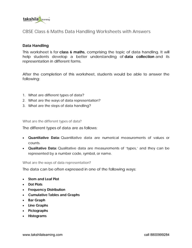 CBSE Class 6 Maths Data Handling Worksheets with Answers | PDF