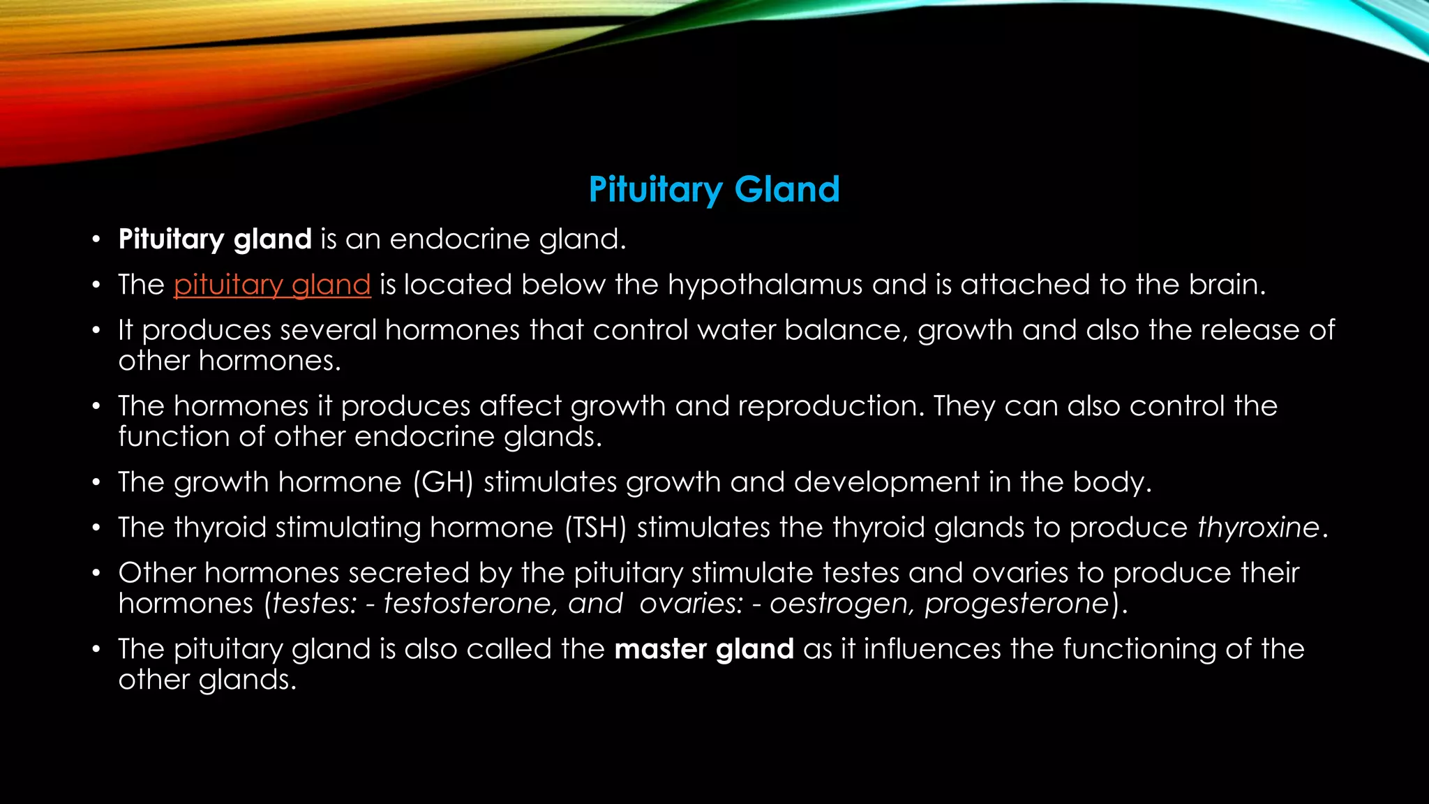 Pituitary Gland
• Pituitary gland is an endocrine gland.
• The pituitary gland is located below the hypothalamus and is attached to the brain.
• It produces several hormones that control water balance, growth and also the release of
other hormones.
• The hormones it produces affect growth and reproduction. They can also control the
function of other endocrine glands.
• The growth hormone (GH) stimulates growth and development in the body.
• The thyroid stimulating hormone (TSH) stimulates the thyroid glands to produce thyroxine.
• Other hormones secreted by the pituitary stimulate testes and ovaries to produce their
hormones (testes: - testosterone, and ovaries: - oestrogen, progesterone).
• The pituitary gland is also called the master gland as it influences the functioning of the
other glands.
 