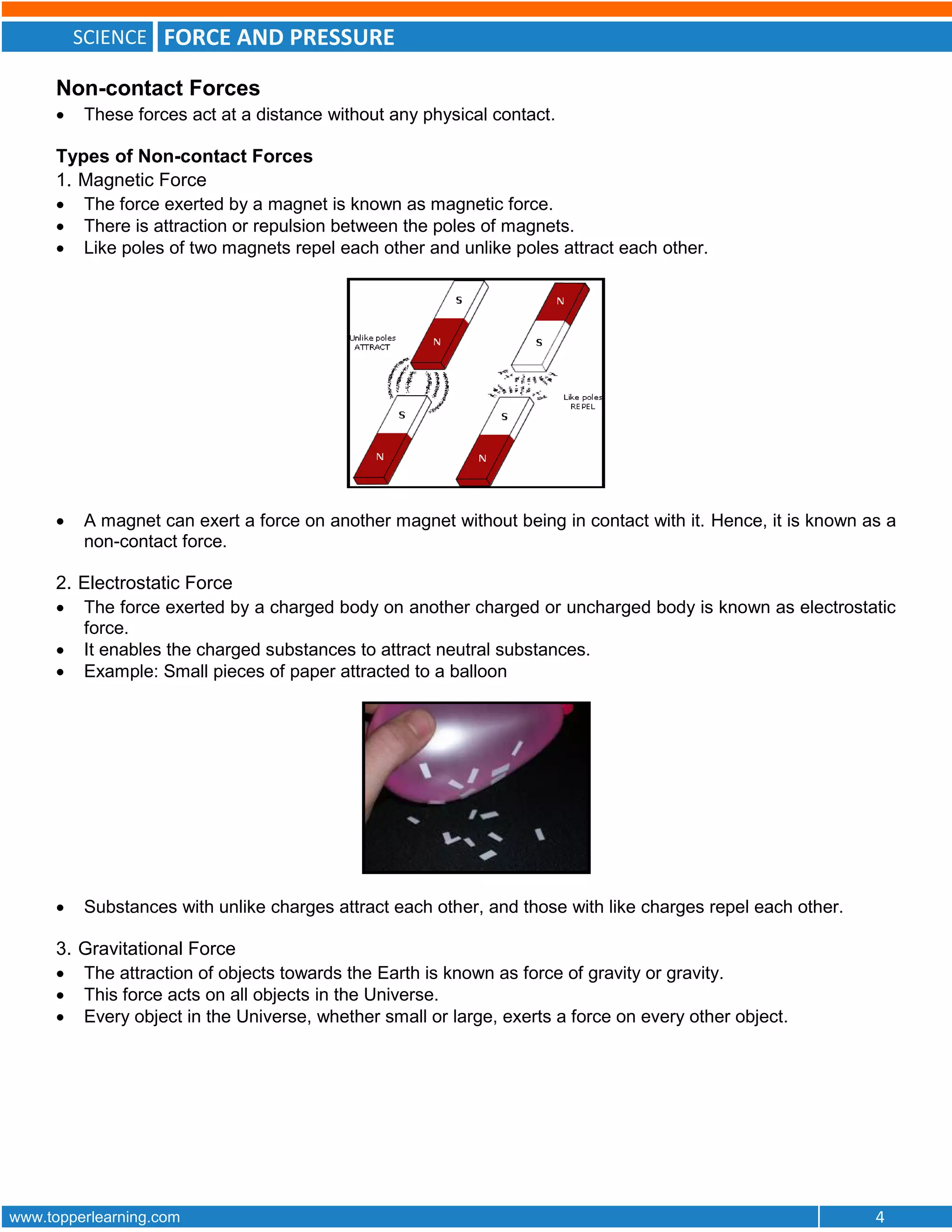 SCIENCE FORCE AND PRESSURE
www.topperlearning.com 4
Non-contact Forces
 These forces act at a distance without any physical contact.
Types of Non-contact Forces
1. Magnetic Force
 The force exerted by a magnet is known as magnetic force.
 There is attraction or repulsion between the poles of magnets.
 Like poles of two magnets repel each other and unlike poles attract each other.
 A magnet can exert a force on another magnet without being in contact with it. Hence, it is known as a
non-contact force.
2. Electrostatic Force
 The force exerted by a charged body on another charged or uncharged body is known as electrostatic
force.
 It enables the charged substances to attract neutral substances.
 Example: Small pieces of paper attracted to a balloon
 Substances with unlike charges attract each other, and those with like charges repel each other.
3. Gravitational Force
 The attraction of objects towards the Earth is known as force of gravity or gravity.
 This force acts on all objects in the Universe.
 Every object in the Universe, whether small or large, exerts a force on every other object.
 