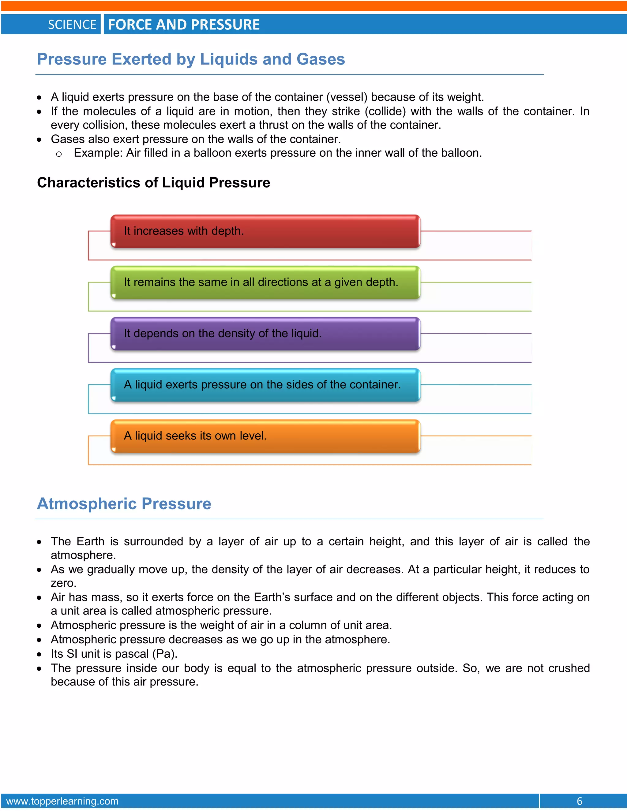 SCIENCE FORCE AND PRESSURE
www.topperlearning.com 6
Pressure Exerted by Liquids and Gases
 A liquid exerts pressure on the base of the container (vessel) because of its weight.
 If the molecules of a liquid are in motion, then they strike (collide) with the walls of the container. In
every collision, these molecules exert a thrust on the walls of the container.
 Gases also exert pressure on the walls of the container.
o Example: Air filled in a balloon exerts pressure on the inner wall of the balloon.
Characteristics of Liquid Pressure
Atmospheric Pressure
 The Earth is surrounded by a layer of air up to a certain height, and this layer of air is called the
atmosphere.
 As we gradually move up, the density of the layer of air decreases. At a particular height, it reduces to
zero.
 Air has mass, so it exerts force on the Earth’s surface and on the different objects. This force acting on
a unit area is called atmospheric pressure.
 Atmospheric pressure is the weight of air in a column of unit area.
 Atmospheric pressure decreases as we go up in the atmosphere.
 Its SI unit is pascal (Pa).
 The pressure inside our body is equal to the atmospheric pressure outside. So, we are not crushed
because of this air pressure.
It increases with depth.
It remains the same in all directions at a given depth.
It depends on the density of the liquid.
A liquid exerts pressure on the sides of the container.
A liquid seeks its own level.
 