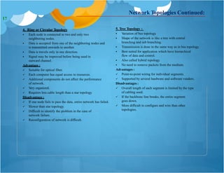 4. Ring or Circular Topology
 Each node is connected to two and only two
neighboring nodes.
 Data is accepted from one of the neighboring nodes and
is transmitted onwards to another.
 Data is travels only in one direction.
 Signal may be improved before being used in
outward channel.
Advantage :
 Suitable for optical fiber.
 Each computer has equal access to resources.
 Additional components do not affect the performance
of network.
 Very organized.
 Requires less cable length than a star topology.
Disadvantage :
 If one node fails to pass the data, entire network has failed.
 Slower than star topology.
 Difficult to identify the problem in the case of
network failure.
 Reconfiguration of network is difficult.
5. Tree Topology :
 Variation of bus topology.
 Shape of the network is like a tree with central
branching and sub branching.
 Transmission is done in the same way as in bus topology.
 Best suited for application which have hierarchical
flow of data and control.
 Also called hybrid topology.
 No need to remove packets from the medium.
Advantages :
 Point-to-point wiring for individual segments.
 Supported by several hardware and software venders.
Disadvantages :
Network Topologies Continued:
 Overall length of each segment is limited by the type
of cabling used.
 If the backbone line breaks, the entire segment
goes down.
 More difficult to configure and wire than other
topologies.
17
 