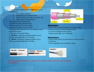 Coaxial cable :
9
Coaxial cable consist the followings layers in its
construction
1. The copper conductor
2. Insulation layer of plastic foam
3. Shield of wire mesh tube or metallic foil
4. Outer shield of tough plastic
Has high electronic properties.
Suitable for high communication.
Widely used for television signals.
Used foe building security system.
Transport multi-channel television signals around
metropolitan areas.
Two types of Coaxial Cables :
1. Thicknet : Maximum segment length is up to
500 mts and bandwidth up to 10 mbps.
2. Thinnet : Maximum segment length is up to
185 mts and bandwidth up to 10 mbps.
Advantages :
Better data transmission than twisted-pair cables.
Used as source for shared cable network.
Used for broadband transmission.
Higher bandwidths up to 400 mbps.
Disadvantages :
Single cable failure can take down an entire network.
Expensive
Not compatible with twisted pair cables.
Note: Currently10BASE-T is used for computer LAN commonly (for example
in schools)
 