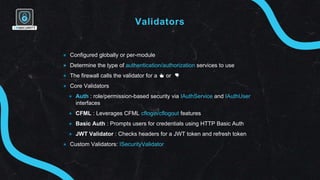 Validators
✴ Configured globally or per-module
✴ Determine the type of authentication/authorization services to use
✴ The ...