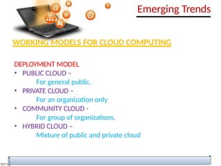 WORKING MODELS FOR CLOUD COMPUTING
DEPLOYMENT MODEL
• PUBLIC CLOUD –
For general public.
• PRIVATE CLOUD –
For an organization only
• COMMUNITY CLOUD -
For group of organizations.
• HYBRID CLOUD –
Mixture of public and private cloud
Emerging Trends
 