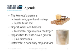 Agenda
•  The keynote’s premise 
– Investments, growth and strategy
– Capabilities in brief
•  Opportunities and barriers
– Technical or organizational challenge?
•  Capabilities for data-driven growth
– 9 in 3 dimensions
•  DataProﬁt: a capability map and tool
3
Capabilities | Data-Driven | #icdk17
© 2017 Hans Eibe Sørensen
 