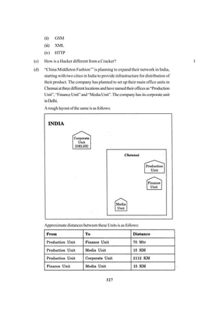 327
(ii) GSM
(iii) XML
(iv) HTTP
(c) How is a Hacker different from a Cracker? 1
(d) “China Middleton Fashion’” is planning to expand their network in India,
starting with two cities in India to provide infrastructure for distribution of
their product. The company has planned to set up their main office units in
Chennaiatthreedifferentlocationsandhavenamedtheirofficesas“Production
Unit”,“FinanceUnit”and“MediaUnit”.Thecompanyhasitscorporateunit
inDelhi.
Aroughlayoutofthesameisasfollows:
ApproximatedistancesbetweentheseUnitsisasfollows:
 