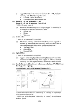 354
(i) Suggest the kind of network required (out of LAN, MAN, WAN) for
connectingeachofthefollowingofficeunits:
Research Lab and Back Office
ResearchLabandDevelopmentUnit
Ans: Research Lab and Back Office - LAN
Research Lab and Development Unit - MAN
(½ Mark for each answer)
(ii) Whichoneofthefollowingdevicewillyousuggestforconnectingall
thecomputerswithineachoftheirofficeunits?
Switch/Hub
Modem
Telephone
Ans: SwitchIHub
(1 Mark for mentioning correct option)
(iii) Whichofthefollowingcommunicationmedium,youwillsuggesttobe
procured by the company for connecting their local office units in
Pondicherryforveryeffective(HighSpeed)communication?
TelephoneCable
OpticalFiber
EthernetCable
Ans: OpticalFibre
(1 Mark for mentioning correct option)
(iv) Suggestacable/wiringlayoutforconnectingthecompany'slocaloffice
units located in Pondicherry. Also, suggest an effective method/
technologyforconnectingthecompany'sofficeunitlocatedinMumbai.
Ans: Local office units at Pondicherry to be connected using LAN / MAN / star
Topology / Tree Topology
Mumbai Office to be connected using Satellite/WAN
(½ Mark for mentioning valid connectivity or topology or diagram for
local office in Pondicherry)
(½ Mark. for mentioning valid connectivity or topology or diagram for
Mumbai office)
 