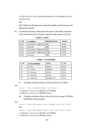 371
(1 Mark each for correct definition/explanation of Candidate Key and
Alternate Key)
OR
(Full2MarksforillustratingtheconceptofCandidateandAlternatekeywith
appropriateexample)
(b) Consider the following -tables Item and Customer.Write SQLcommands
for the statements (i) to (iv) and give outputs for SQL queries (v) to (viii).
TABLE : ITEM
TABLE : CUSTOMER
(i) To display the details of those Customers whose City is Delhi.
Ans:
SELECT * FROM CUSTOMER WHERE City=’Delhi’ ;
(½ Mark for correct use of SELECT and FROM)
(½ Mark for correct use of WHERE clause)
(ii) To display the details of Items whose Price is in the range of 35000 to
55000(Bothvaluesincluded)
Ans:
SELECT * FROM ITEM WHERE PRICE BETWEEN 35000 AND 55000;
OR
SELECT * FROM ITEM WHERE PRICE>=35000 AND PRICE<=55000;
(½ Mark for correct use of SELECT and FROM)
(½ Mark for correct use of WHERE clause)
 