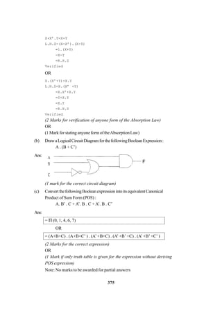 375
X+X’.Y=X+Y
L.H.S=(X+X’).(X+Y)
=1.(X+Y)
=X+Y
=R.H.S
Verified
OR
X.(X’+Y)=X.Y
L.H.S=X.(X’ +Y)
=X.X’+X.Y
=0+X.Y
=X.Y
=R.H.S
Verified
(2 Marks for verification of anyone form of the Absorption Law)
OR
(1 Mark for stating anyone form of theAbsorption Law)
(b) DrawaLogicalCircuitDiagramforthefollowingBooleanExpression:
A . (B + C’)
Ans:
(1 mark for the correct circuit diagram)
(c) ConvertthefollowingBooleanexpressionintoitsequivalentCanonical
Product of Sum Form (POS) :
A. B’ . C + A’. B . C + A’. B . C’
Ans:
= Π (0, 1, 4, 6, 7)
OR
= (A+B+C) . (A+B+C’) . (A’+B+C) . (A’ +B’ +C) . (A’+B’ +C’ )
(2 Marks for the correct expression)
OR
(1 Mark if only truth table is given for the expression without deriving
POS expression)
Note: No marks to be awarded for partial answers
F
 