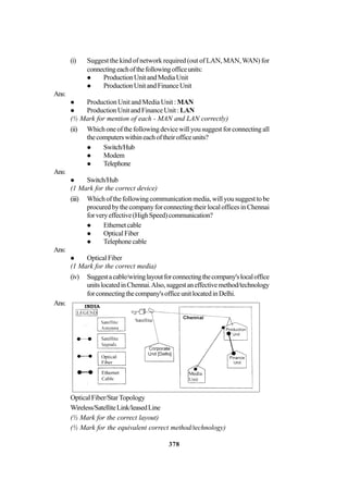 378
(i) Suggest the kind of network required (out of LAN, MAN,WAN) for
connectingeachofthefollowingofficeunits:
ProductionUnitandMediaUnit
ProductionUnitandFinanceUnit
Ans:
Production Unit and Media Unit : MAN
ProductionUnitandFinanceUnit: LAN
(½ Mark for mention of each - MAN and LAN correctly)
(ii) Whichoneofthefollowingdevicewillyousuggestforconnectingall
thecomputerswithineachoftheirofficeunits?
Switch/Hub
Modem
Telephone
Ans:
Switch/Hub
(1 Mark for the correct device)
(iii) Which of the following communication media, will you suggest to be
procuredbythecompanyforconnectingtheirlocalofficesinChennai
forveryeffective(HighSpeed)communication?
Ethernetcable
OpticalFiber
Telephonecable
Ans:
OpticalFiber
(1 Mark for the correct media)
(iv) Suggestacable/wiringlayoutforconnectingthecompany'slocaloffice
unitslocatedinChennai.Also,suggestaneffectivemethod/technology
forconnectingthecompany'sofficeunitlocatedinDelhi.
Ans:
Optical Fiber/StarTopology
Wireless/SatelliteLink/leasedLine
(½ Mark for the correct layout)
(½ Mark for the equivalent correct method/technology)
 