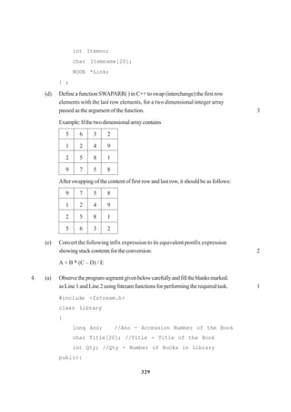 329
int Itemno;
char Itemname[20];
NODE *Link;
} ;
(d) Define a function SWAPARR( ) in C++ to swap (interchange) the first row
elements with the last row elements, for a two dimensional integer array
passed as the argument of the function. 3
Example:Ifthetwodimensionalarraycontains
5 6 3 2
1 2 4 9
2 5 8 1
9 7 5 8
After swapping of the content of first row and last row, it should be as follows:
9 7 5 8
1 2 4 9
2 5 8 1
5 6 3 2
(e) Convert the following infix expression to its equivalent postfix expression
showingstackcontentsfortheconversion: 2
A + B * (C – D) / E
4. (a) Observetheprogramsegmentgivenbelowcarefullyandfilltheblanksmarked.
asLine1andLine2usingfstreamfunctionsforperformingtherequiredtask. 1
#include <fstream.h>
class Library
{
long Ano; //Ano - Accession Number of the Book
char Title[20]; //Title - Title of the Book
int Qty; //Qty - Number of Books in Library
public:
 