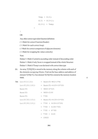 381
Temp = E[J];
E[J] = E[J+l];
E[J+l] = Temp;
}
}
OR
Anyothercorrectequivalentfunctiondefinition
( ½ Mark for correct Function Header)
( ½ Mark for each correct loop)
( 1 Mark for correct comparison of adjacent elements)
( ½ Mark for swapping the values correctly)
Note:
Deduct ½ Mark if sorted in ascending order instead of descending order
Deduct ½ Mark if only Score is swapped instead of the whole Structure
Deduct ½ Mark ifTemp is not declared with correct data type
(b) An array T[50][20] is stored in the memory along the column with each of
the elements occupying 4 bytes. Find out the base address and address of
element T[30][15], if an element T[25][10] is stored at the memory location
9800. 4
Ans Loc(T[I][J]) = Base(T)+W(I+J*N)
Loc(T[25][10]) = Base(T)+4(25+10*50)
Base(T) = 9800-4*525
Base(T) = 9800-2100
Base(T) = 7700
Loc(T[30][15]) = Base(T)+4(30+15*50)
Loc(T[30][15]) = 7700 + 4(30+15*50)
= 7700 + 4(30+750)
= 7700 + 4*780
= 7700 + 3120
= 10820
 