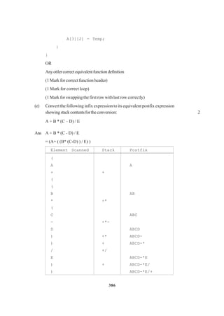 386
A[3][J] = Temp;
}
}
OR
Anyotilercorrectequivalentfunctiondefinition
(1 Mark for correct function header)
(1 Mark for correct loop)
(1 Mark for swapping the first row with last row correctly)
(e) Convert the following infix expression to its equivalent postfix expression
showingstackcontentsfortheconversion: 2
A + B * (C – D) / E
Ans A + B * (C - D) / E
= (A+ ( (B* (C-D) ) / E) )
Element Scanned Stack Postfix
(
A A
+ +
(
(
B AB
* +*
(
C ABC
- +*-
D ABCD
) +* ABCD-
) + ABCD-*
/ +/
E ABCD-*E
) + ABCD-*E/
) ABCD-*E/+
 