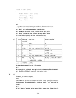 288
void Stack::Push()
{
Node *Temp = new Node;
cin>>Temp->Data;
Temp->Link = Top;
Top = Temp;
}
OR
Any other code demonstrating proper Push( ) for a dynamic stack.
( ½ mark for creating new node dynamically)
( ½ mark for assigning a real number to the info part)
( 1 mark for linking new node to the Top of the Stack)
( 1 mark for assigning the new value to the Top)
(e) S.No. Element Operation InfixExpression
scanned
1 A Push a a
2 B Push b a, b
3 AND Pop, Pop, Push (a AND b) a AND b
4 A Push a a AND b, a
5 C Push c a AND b, a, c
6 AND Pop, Pop, Push(aANDc) a AND b, a AND c
7 OR Pop, Pop, Push (aAND b OR aAND c
a AND b OR a AND c
Ans: aAND b OR a AND c
(2 marks for writing correct expression)
OR
(2 full marks if any other part of Q3 is correctly attempted as students
are familiar with infix to postfix conversion only)
4. (a) 1
(1 mark for correct output)
OR
(Full 1 mark if error is mentioned due to usage of tellg( ) with out
mode as the students generally associate tellg( ) with only ios::in
mode)
OR
(Full 1 mark if student gets at least 1 Mark in any part of question 4)
 