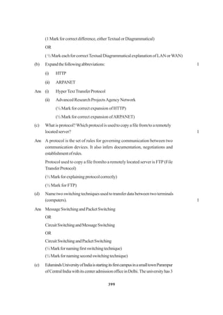 399
(1Markforcorrectdifference,eitherTextualorDiagrammatical)
OR
( ½ Mark each for correctTextual/Diagrammatical explanation of LAN orWAN)
(b) Expandthefollowingabbreviations: 1
(i) HTTP
(ii) ARPANET
Ans (i) HyperTextTransfer Protocol
(ii) Advanced Research ProjectsAgency Network
(½ Mark for correct expansion of HTTP)
(½ Mark for correct expansion ofARPANET)
(c) What is protocol? Which protocol is used to copy a file from/to a remotely
located server? 1
Ans A protocol is the set of rules for governing communication between two
communication devices. It also infers documentation, negotiations and
establishmentofrules.
Protocol used to copy a file fromlto a remotely located server is FTP (File
TransferProtocol)
(½Markforexplainingprotocolcorrectly)
(½ Mark for FTP)
(d) Name two switching techniques used to transfer data between two terminals
(computers). 1
Ans MessageSwitchingandPacketSwitching
OR
CircuitSwitchingandMessageSwitching
OR
CircuitSwitchingandPacketSwitching
(½Markfornamingfirstswitchingtechnique)
(½Markfornamingsecondswitchingtechnique)
(e) EdumindsUniversityofIndiaisstartingitsfirstcampusinasmalltownParampur
ofCentralIndiawithitscenteradmissionofficeinDelhi.Theuniversityhas3
 