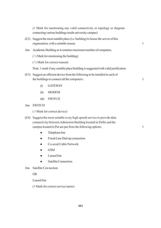 401
(1 Mark for mentioning any valid connectivity or topology or diagram
connectingvariousbuildingsinsideuniversitycampus)
(E2) Suggestthemostsuitableplace(i.e.building) to house the server of this
organisation,withasuitablereason. 1
Ans AcademicBuildingasitcontainsmaximumnumberofcomputers.
(½Markformentioningthebuilding)
( ½ Mark for correct reason)
Note:1markifanysuitableplace/buildingissuggestedwithvalidjustification
(E3) Suggestanefficientdevicefromthefollowingtobeinstalledineachof
thebuildingstoconnectallthecomputers: 1
(i) GATEWAY
(ii) MODEM
(iii) SWITCH
Ans SWITCH
( 1 Mark for correct device)
(E4) Suggest the most suitable (very high speed) service to provide data
connectivity betweenAdmission Building located in Delhi and the
campuslocatedinParampurfromthefollowingoptions: 1
Telephoneline
Fixed-LineDial-upconnection
Co-axial Cable Network
GSM
Leasedline
SatelliteConnection
Ans SatelliteConnection
OR
Leasedline
(1 Mark for correct service name)
 