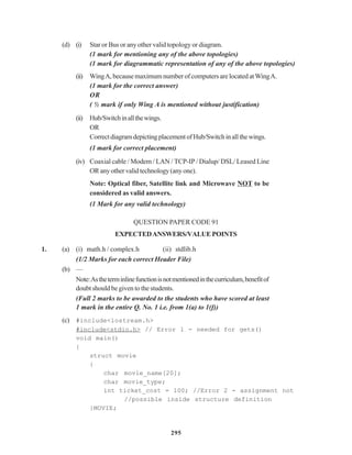 295
(d) (i) Star or Bus or any other valid topology or diagram.
(1 mark for mentioning any of the above topologies)
(1 mark for diagrammatic representation of any of the above topologies)
(ii) WingA,becausemaximumnumberofcomputersare locatedatWingA.
(1 mark for the correct answer)
OR
( ½ mark if only Wing A is mentioned without justification)
(ii) Hub/Switchinallthewings.
OR
CorrectdiagramdepictingplacementofHub/Switchinallthewings.
(1 mark for correct placement)
(iv) Coaxial cable / Modem / LAN / TCP-IP / Dialup/ DSL/ Leased Line
ORanyothervalidtechnology(anyone).
Note: Optical fiber, Satellite link and Microwave NOT to be
considered as valid answers.
(1 Mark for any valid technology)
QUESTION PAPER CODE 91
EXPECTEDANSWERS/VALUEPOINTS
1. (a) (i) math.h / complex.h (ii) stdlib.h
(1/2 Marks for each correct Header File)
(b) —
Note:Astheterminlinefunctionisnotmentionedinthecurriculum,benefitof
doubt should be given to the students.
(Full 2 marks to be awarded to the students who have scored at least
1 mark in the entire Q. No. 1 i.e. from 1(a) to 1(f))
(c) #include<iostream.h>
#include<stdio.h> // Error 1 - needed for gets()
void main()
{
struct movie
{
char movie_name[20];
char movie_type;
int ticket_cost = 100; //Error 2 - assignment not
//possible inside structure definition
}MOVIE;
 