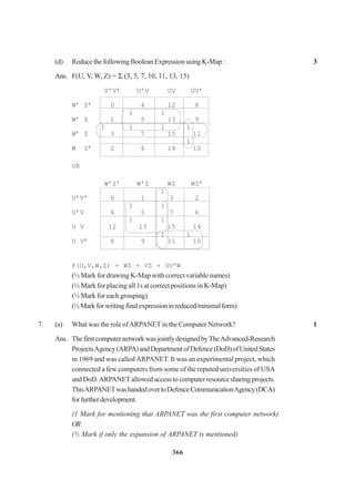 366
(d) ReducethefollowingBooleanExpressionusingK-Map: 3
Ans. F(U, V, W, Z) = Σ (3, 5, 7, 10, 11, 13, 15)
U’V’ U’V UV UV’
W’ Z’ 0 4 12 8
W’ Z 1
1
5
1
13 9
W’ Z
1
3
1
7
1
15
1
11
W Z’ 2 6 14
1
10
OR
W’Z’ W’Z WZ WZ’
U’V’ 0 1
1
3 2
U’V 4
1
5
1
7 6
U V 12
1
13
1
15 14
U V’ 8 9
1
11
1
10
F(U,V,W,Z) = WZ + VZ + UV’W
(½ Mark for drawing K-Map with correct variable names)
(½ Mark for placing all 1s at correct positions in K-Map)
(½ Mark for each grouping)
(½Markforwritingfinalexpressioninreduced/minimalform)
7. (a) What was the role ofARPANET in the Computer Network? 1
Ans. ThefirstcomputernetworkwasjointlydesignedbyTheAdvanced-Research
ProjectsAgency(ARPA)andDepartmentofDefence(DoD)ofUnitedStates
in 1969 and was calledARPANET. It was an experimental project, which
connected a few computers from some of the reputed universities of USA
andDoD.ARPANETallowedaccesstocomputerresourcesharingprojects.
ThisARPANETwashandedovertoDefenceCommunicationAgency(DCA)
forfurtherdevelopment.
(1 Mark for mentioning that ARPANET was the first computer network)
OR
(½ Mark if only the expansion of ARPANET is mentioned)
 