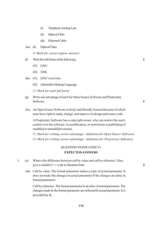 370
(i) TelephoneAnalogLine
(ii) OpticalFiber
(iii) EthernetCable
Ans. (ii) OpticalFiber
(1 Mark for correct option /answer)
(f) Writethefullformsofthefollowing: 1
(f1) GNU
(f2) XML
Ans (f1) GNU’snotUnix
(f2) eXtensibleMarkupLanguage
(½ Mark for each full form)
(g) Write one advantage of each for Open Source Software and Proprietary
Software. 1
Ans. An Open Source Software is freely and liberally licensed because of which
users have right to study, change. and improve its design and source code.
AProprietary Software has a copyright owner, who can restrict the user's
control over the software, its modification, or restrictions in publishing of
modifiedorunmodifiedversions.
(½ Mark for writing correct advantage / definition for Open Source Software)
(½ Mark for writing correct advantage / definition for Proprietary Software)
QUESTION PAPER CODE 91
EXPECTEDANSWERS
1. (a) What is the difference between call by value and call by reference?Also,
give a suitable C++ code to illustrate both. 2
Ans. Call by value: The formal parameter makes a copy of actual parameter. It
does not make the changes In actual parameter If the changes are done In
formalparameters.
Call by reference:The formal parameter Is an alias of actual parameter.The
changes made In the formal parameter are reflected In actual parameter. It is
preceded by &.
 