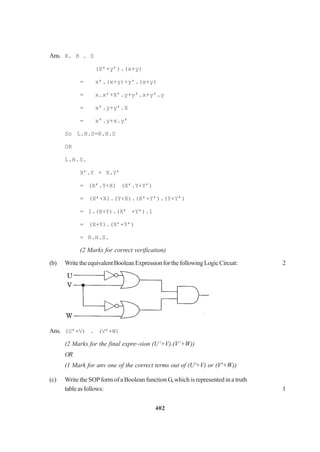 402
Ans. R. H . S
(X’+y’).(x+y)
= x’.(x+y)+y’.(x+y)
= x.x’+X’.y+y’.x+y’.y
= x’.y+y’.X
= x’.y+x.y’
So L.H.S=R.H.S
OR
L.H.S.
X’.Y + X.Y’
= (X’.Y+X) (X’.Y+Y’)
= (X’+X).(Y+X).(X’+Y’).(Y+Y’)
= 1.(X+Y).(X’ +Y’).1
= (X+Y).(X’+Y’)
= R.H.S.
(2 Marks for correct verification)
(b) WritetheequivalentBooleanExpressionforthefollowingLogicCircuit: 2
Ans. (U’+V) . (V’+W)
(2 Marks for the final expre~sion (U’+V).(V’+W))
OR
(1 Mark for anv one of the correct terms out of (U'+V) or (V'+W))
(c) Write the SOPform of a Boolean function G, which is represented in a truth
tableasfollows: 1
 