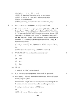 404
F(A,B,C,D) = A’B + BD + A’CD
(½ Mark for drawing K-Map with correct variable names)
(½ Mark for placing all 1s at correct positions in K-Map)
(½ Mark for each grouping)
(½ Mark for writing final expression in reduced/minimal form)
7. (a) What was the role ofARPANET in the Computer Network? 1
Ans. ThefirstcomputernetworkwasjointlydesignedbyTheAdvancedResearch
ProjectsAgency(ARPA)andDepartmentofDefence(DoD)ofUnitedStates
in 1969 and was calledARPANET. It was an experimental project, which
connected a few computers from some of the reputed universities of USA
andDoD.ARPANETallowedaccesstocomputerresourcesharingprojects.
ThisARPANETwashandedovertoDefenceCommunicationAgency(DCA)
forfurtherdevelopment.
(1 Mark for mentioning that ARPANET was the first computer network)
OR
(½ Mark if only the expansion of ARPANET is mentioned)
(b) Whichofthefollowingisnotaunitfordatatransferrate? 1
(i) mbps
(ii) kbps
(iii) sbps
(iv) gbps
Ans. (iii)sbps
(1 Mark for the correct option/answer)
(c) What is the difference betweenVirus andWorms in the computers? 1
Ans. Virus:Virus is a malicious program that damages data and files and causes
harmtocomputersystem.
Worms:Worms disrupt services and create system management problems.
In some cases worms can install viruses that cause damage to system.
(1 Mark for mentioning anyone valid difference)
OR
(½ Mark for correct definition of each term)
 