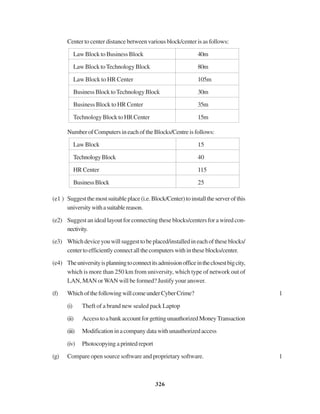 326
Center to center distance between various block/center is as follows:
Law Block to Business Block 40m
Law Block toTechnology Block 80m
Law Block to HR Center 105m
BusinessBlocktoTechnologyBlock 30m
Business Block to HR Center 35m
Technology Block to HR Center 15m
Number of Computers in each of the Blocks/Centre is follows:
LawBlock 15
TechnologyBlock 40
HR Center 115
BusinessBlock 25
(e1 ) Suggestthemostsuitableplace(i.e.Block/Center)toinstalltheserverofthis
universitywithasuitablereason.
(e2) Suggest an ideal layout for connecting these blocks/centers for a wired con-
nectivity.
(e3) Whichdeviceyouwillsuggesttobeplaced/installedineachoftheseblocks/
centertoefficientlyconnectallthecomputerswithintheseblocks/center.
(e4) Theuniversityisplanningtoconnectitsadmissionofficeintheclosestbigcity,
which is more than 250 km from university, which type of network out of
LAN, MAN or WAN will be formed? Justify your answer.
(f) WhichofthefollowingwillcomeunderCyberCrime? 1
(i) Theft of a brand new sealed pack Laptop
(ii) AccesstoabankaccountforgettingunauthorizedMoneyTransaction
(iii) Modificationinacompanydatawithunauthorizedaccess
(iv) Photocopying a printed report
(g) Compare open source software and proprietary software. 1
 