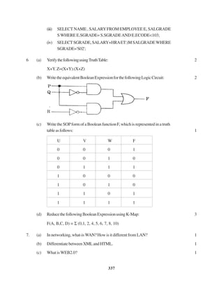 337
(iii) SELECT NAME , SALARYFROM EMPLOYEE E, SALGRADE
S WHERE E.SGRADE= S.SGRADEAND E.ECODE<103;
(iv) SELECTSGRADE,SALARY+HRAET:)MSALGRADEWHERE
SGRADE='S02';
6 (a) YerifythefollowingusingTruthTable: 2
X+Y. Z=(X+Y).(X+Z)
(b) WritetheequivalentBooleanExpressionforthefollowingLogicCircuit: 2
(c) Write the SOPform of a Boolean function F, which is represented in a truth
tableasfollows: 1
U V W F
0 0 0 1
0 0 1 0
0 1 1 1
1 0 0 0
1 0 1 0
1 1 0 1
1 1 1 1
(d) ReducethefollowingBooleanExpressionusingK-Map: 3
F(A, B,C, D) = Σ (0,1, 2, 4, 5, 6, 7, 8, 10)
7. (a) In networking, what-is WAN? How is it different from LAN? 1
(b) DifferentiatebetweenXMLandHTML. 1
(c) What is WEB2.0? 1
 