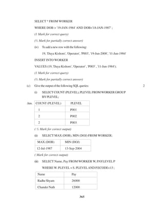 365
SELECT * FROM WORKER
WHERE DOB > '19-JAN-1984' AND DOB<'18-JAN-1987' ;
(1 Mark for correct query)
(½ Mark for partially correct answer)
(iv) Toaddanewrowwiththefollowing:
19, 'Daya Kishore', 'Operator', 'P003', '19-Jun-2008', '11-Jun-1984'
INSERT INTO WORKER
VALUES (19, 'Daya Kishore', 'Operator' , 'P003' , '11-Jun-1984');
(1 Mark for correct query)
(½ Mark for partially correct answer)
(c) GivetheoutputofthefollowingSQLqueries: 2
(i) SELECTCOUNT(PLEVEL),PLEVELFROMWORKERGROUP
BYPLEVEL;
Ans. COUNT (PLEVEL) PLEVEL
1 P001
2 P002
2 P003
( ½ Mark for correct output)
(ii) SELECT MAX (DOB), MIN (DOJ) FROM WORKER;
MAX (DOB) MIN (DOJ)
12-Jul-1987 13-Sep-2004
( Mark for correct output)
(iii) SELECT Name, Pay FROM WORKER W, PAYLEVEL P
WHERE W. PLEVEL = S. PLEVELAND P.ECODE<13 ;
Name Pay
RadheShyam 26000
Chander Nath 12000
 