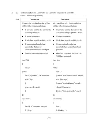 378
2. (a) DifferentiatebetweenConstructorandDestructorfunctionwithrespectto
ObjectOrientedProgramming. 2
Ans Constructor Destructor
It is a special member function of class It is a special member function of class
withthefollowinguniquefeatures: withthefollowinguniquefeatures:
It has same name as the name of the It has same name as the name of the
class they belong to. class preceded by a symbol ~ (tilde).
It has no return type. It has no return type.
Itisdefinedinpublicvisibilitymode Itisdefinedinpublicvisibilitymode
Itisautomaticallycalledand Itisautomaticallycalledand
executed at the time of executed when scope of an object
creation/declaration of the object gets over
Constructor can be overloaded. Moreover,destructorfunctionscan
NOT be overloaded.
classTrial classItem
} {
inta,b; public:
public: Item ( )
Trial ( ) {a=0;b=0;}//Constructor {cout<<"ItemManufactured.."<<endl}
void Disp ( ) void Working ( )
{ {cout<<"ItemisWorking"<<endl;}
cout<<a<<b<<endl; ~Item()//Destructor
} {cout<<"Itemdestroyed..."«end1}
} ; } ;
voidmain() voidmain()
{ {
TrialT;//Constructorinvoked ItemI;
T . Disp ( ) ; I . Working ( ) ;
 