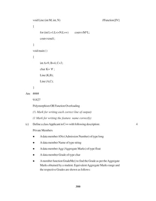 380
void Line (int M, int, N) //Function[IV]
{
for (int L=1;L<=N;L++) cout<<M*L;
cout<<end1;
}
voidmain()
{
intA=9, B=4, C=3;
char K= '#' ;
Line(K,B);
Line(A,C);
}
Ans ####
91827
PolymorphismORFunctionOverloading
(½ Mark for writing each correct line of output)
(1 Mark for writing the feature. name correctly)
(c) DefineaclassApplicantinC++withfollowingdescription: 4
PrivateMembers
Adata memberANo (Admission Number) of type long
A data member Name of type string
Adata memberAgg (Aggregate Marks) of type float
A data member Grade of type char
AmemberfunctionGradeMe()tofindtheGradeaspertheAggregate
Marks obtained by a student. EquivalentAggregate Marks range and
the respective Grades are shown as follows:
 