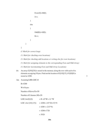 386
Even[J]=All[I];
J++;
}
else
{
Odd[K]=All[I);
K++;
}
}
}
(1 Mark for correct loop)
(½ Mark for checking even locations)
(½ Mark for checking odd locations or writing else for even locations)
(½ Mark for assigning elements to the corresponding Even and Odd Array)
(½ Mark for incrementing Even and Odd Array Locations)
(b) An array G[50][20] is stored in the memory along the row with each of its
elementsoccupying8bytes.FindoutthelocationofG[10][15],ifG[0][0]is
stored at 4200. 3
Ans AssumingLBR=LBC=0
B=4200
W=8 bytes
Number of Rows(N)=50
Number of Columns (M)=20
LOC(Arr[I] [J]) = B +(I*M + J) *W
LOC (Arr [10] [15]) = 4200+ (10*20+15)*8
= 4200 + (215*8)
= 4200+1720
= 5920
 