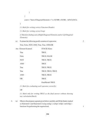 390
}
}
cout<< "Sum of Diagonal Elements ="<< SUMR + SUML-A[N/2] [N/2];
}
(½ Mark for writing correct Function Header)
(½ Mark for writing correct loop)
(1 Mark for finding sum of Right Diagonal Elements and/or Left Diagonal
Elements)
(e) Evaluatethefollowingpostfixnotationofexpression: 2
True, False, NOT,AND, True, True,AND,OR
Ans Element Scanned STACK Status
True TRUE
False TRUE,FALSE
NOT TRUE,TRUE
AND TRUE
True TRUE,TRUE
True TRUE,TRUE,TRUE
AND TRUE,TRUE
OR TRUE
FinalResult:TRUE
(½ Mark for evaluating each operator correctly)
OR
(½ Mark only for writing TRUE as the final answer without showing
any calculation/Stack)
4. (a) Observetheprogramsegmentgivenbelowcarefullyandfilltheblanksmarked
as Statement 1 and Statement 2 using seekg( ), seekp( ) tellp( ) and tellg( )
functionsforperformingtherequiredtask. 1
 