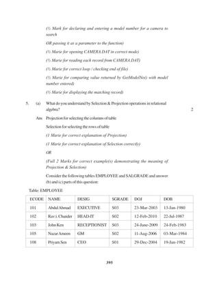 395
(½ Mark for declaring and entering a model number for a camera to
search
OR passing it as a parameter to the function)
(½ Marie for opening CAMERA.DAT in correct mode)
(½ Marie for reading each record from CAMERA.DAT)
(½ Marie for correct loop / checking end of file)
(½ Marie for comparing value returned by GetModelNo() with model
number entered)
(½ Marie for displaying the matching record)
5. (a) What do you understand by Selection & Projection operations in relational
algebra? 2
Ans Projectionforselectingthecolumnsoftable
Selection for selecting the rows of table
(1 Marie for correct explanation of Projection)
(1 Marie for correct explanation of Selection correctly)
OR
(Full 2 Marks for correct example(s) demonstrating the meaning of
Projection & Selection)
Consider the following tables EMPLOYEE and SALGRADE and answer
(b) and (c) parts of this question:
Table: EMPLOYEE
ECODE NAME DESIG SGRADE DOJ DOB
101 AbdulAhmad EXECUTIVE S03 23-Mar-2003 13-Jan-1980
102 Rav:i.Chander HEAD-IT S02 12-Feb-2010 22-Jul-1987
103 John Ken RECEPTIONIST S03 24-June-2009 24-Feb-1983
105 NazarAmeen GM S02 11-Aug-2006 03-Mar-1984
108 PriyamSen CEO S01 29-Dec-2004 19-Jan-1982
 