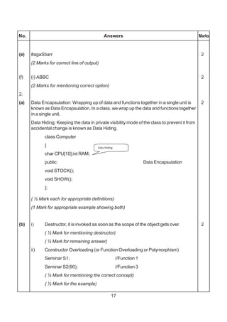 17
(e) #agaSbarr 2
(2 Marks for correct line of output)
(f) (i) ABBC 2
(2 Marks for mentioning correct option)
2.
(a) Data Encapsulation: Wrapping up of data and functions together in a single unit is 2
known as Data Encapsulation. In a class, we wrap up the data and functions together
in a single unit.
Data Hiding: Keeping the data in private visibility mode of the class to prevent it from
accidental change is known as Data Hiding.
class Computer
{
char CPU[10];int RAM;
public: Data Encapsulation
void STOCK();
void SHOW();
};
( ½ Mark each for appropriate definitions)
(1 Mark for appropriate example showing both)
(b) i) Destructor, it is invoked as soon as the scope of the object gets over. 2
( ½ Mark for mentioning destructor)
( ½ Mark for remaining answer)
ii) Constructor Overloading (or Function Overloading or Polymorphism)
Seminar S1; //Function 1
Seminar S2(90); //Function 3
( ½ Mark for mentioning the correct concept)
( ½ Mark for the example)
No. Answers Marks
 