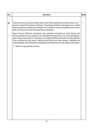 31
No. Answers Marks
g) Open Source's proponents often claim that it offers significant benefits when com- 1
pared to typical Proprietary Software. Proprietary Software typically favour visible
features (giving marketing advantage) over harder-to measure qualities such as sta-
bility, security and similar less glamorous attributes.
Open Source Software developers are evidently motivated by many factors but
favouring features over quality is not noticeable amongst them. For many developers,
peer review and acclaim is important, so it's likely that they will prefer to build software
that is admired by their peers. Highly prized factors are clean design, reliability and
maintainability, with adherence to standards and shared community values preeminent.
( 1 Mark for appropriate answer)
 
