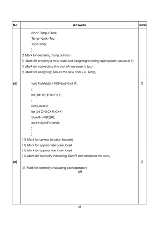 48
No. Answers Marks
cin>>Temp->Data;
Temp->Link=Top;
Top=Temp;
}
(1 Mark for declaring Temp pointer)
(1 Mark for creating a new node and assigning/entering appropriate values in it)
(1 Mark for connecting link part of new node to top)
(1 Mark for assigning Top as the new node i.e. Temp)
(d) void MatAdd(int M[][4],int N,int M) 2
{
for (int R=0;R<N;R++)
{
int SumR=0;
for (int C=0;C<M;C++)
SumR+=M[C][R];
cout<<SumR<<endl;
}
}
( ½ Mark for correct function header)
( ½ Mark for appropriate outer loop)
( ½ Mark for appropriate inner loop)
( ½ Mark for correctly initializing SumR and calculatin the sum)
(e) 2
(½ Mark for correctly evaluating each operator)
OR
 