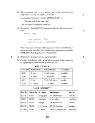 278
(b) Write afunction in C++ to print the count of the word is as an
independentwordinattextfileDIALOGUE.TXT. 2
For example, if the content of the file DIALOGUE. TXT is
This is his book. Is this book good?
Then the output of the program should be 2.
(c) GivenabinaryfileGAME.DAT,containingrecordsofthefollowingstructure
type 3
struct Game
{
char GameName [20];
char Participant [10] [30];
};
WriteafunctioninC++thatwouldreadcontentsfromthefileGAME.DAT
and creates a file named BASKET.DAT copying only those records from
GAME.DATwherethegamenameis“BasketBall”
5. (a) Differentiatebetweenprimarykeyandalternatekey. 2
(b) Consider the following tables. Write SQL commands for the statements
(i) to (iv) and give outputs for SQL queries (v) to (viii) 6
TABLE:SENDER
SenderlD SenderName SenderAddress SenderCiry
ND01 RJain 2,ABCAppts NewDelhi
MU02 HSinha 12, Newtown Mumbai
MU15 S Jha 27/A, Park Street Mumbai
ND50 T Prasad 122-K, SDA NewDelhi
TABLE : RECIPIENT
RecID SenderlD RecName RecAddress RecCiry
KO05 ND01 R Bajpayee 5, CentralAvenue Kolkata
ND08 MU02 S Mahajan 116,AVihar NewDelhi
MU19 ND01 HSingh 2A,AndheriEast Mumbai
MU32 MU15 P K Swamy B5, C STerminus Mumbai
ND48 ND50 STripathi 13, B1 D, Mayur Vihar NewDelhi
 