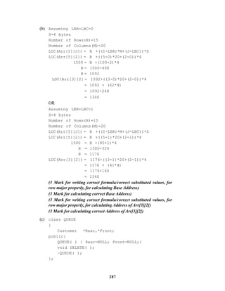 287
(b) Assuming LBR=LBC=0
S=4 bytes
Number of Rows(N)=15
Number of Columns(M)=20
LOC(Arr[I][J]).= B +((I-LBR)*M+(J-LBC))*S
LOC(Arr[5][2]).= B +((5-0)*20+(2-0))*4
1500.= B +(100+2)*4
B.= 1500-408
B.= 1092
LOC(Arr[3][2].= 1092+((3-0)*20+(2-0))*4
..= 1092 + (62*4)
. .= 1092+248
.= 1340
OR
Assuming LBR=LBC=1
S=4 bytes
Number of Rows(N)=15
Number of Columns(M)=20
LOC(Arr[I][J]).= B +((I-LBR)*M+(J-LBC))*S
LOC(Arr[5][2]).= B +((5-1)*20+(2-1))*4
1500 .= B +(80+1)*4
B .= 1500-324
B .= 1176
LOC(Arr[3][2]).= 1176+((3-1)*20+(2-1))*4
. .= 1176 + (41*4)
.= 1176+164
.= 1340
(1 Mark for writing correct formula/correct substituted values, for
row major properly, for calculating Base Address)
(1 Mark for calculating correct Base Address)
(1 Mark for writing correct formula/correct substituted values, for
row major properly, for calculating Address of Arr[3][2])
(1 Mark for calculating correct Address of Arr[3][2])
(c) class QUEUE
{
Customer *Rear,*Front;
public:
QUEUE( ) { Rear=NULL; Front=NULL;}
void DELETE( );
~QUEUE( );
};
 