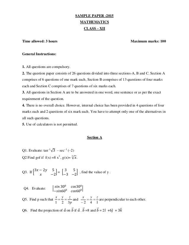 CBSE Mathematics sample question paper with marking scheme