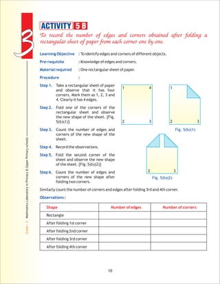 33
Grade:3-MathmaticsLaboratoryinPrimary&UpperPrimaryschools
10
To record the number of edges and corners obtained after folding a
rectangular sheet of paper from each corner one by one.
Shape Number of edges Number of corners
Learning Objective :
Pre-requisite :
Material required :
Procedure :
Step 1.
Step 2.
Step 3.
Step 4.
Step 5.
Step 6.
Observations :
To identify edges and corners of different objects.
Knowledge of edges and corners.
One rectangular sheet of paper.
Take a rectangular sheet of paper
and observe that it has four
corners. Mark them as 1, 2, 3 and
4. Clearly it has 4 edges.
Fold one of the corners of the
rectangular sheet and observe
the new shape of the sheet. [Fig.
5(b)(1)]
Count the number of edges and
corners of the new shape of the
sheet.
Record the observations.
Fold the second corner of the
sheet and observe the new shape
of the sheet. [Fig. 5(b)(2)]
Count the number of edges and
corners of the new shape after
folding two corners.
Similarly count the number of corners and edges after folding 3rd and 4th corner.
Rectangle
After folding 1st corner
After folding 2nd corner
After folding 3rd corner
After folding 4th corner
1 4
2 3
1
2 3
Fig. 5(b)(1)
ACTIVITY 5 B
Fig. 5(b)(2)
32
 