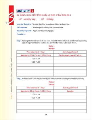 33
Grade:3-MathmaticsLaboratoryinPrimary&UpperPrimaryschools
14
To make a time table from wake up time to bed time on a
(i) working day (ii) holiday
Table-1
Monday
Time interval of 1 hour Activity performed
(Morning) 6.00 O`Clock - 7.00 O`Clock Getting ready to go to School
Table 2
Sunday
Time interval of 1 hour Activity performed
(Morning) 6.00 O`Clock - 7.00 O`Clock Sleeping
Learning Objective :
Pre-requisite :
Materials required :
Procedure :
Step 1.
Step 2.
To understand the importance of time and planning.
Knowledge of reading time from the clock.
Apencil and a sheet of paper.
Keeping the time interval of one hour, record the time intervals and the corresponding
activities performed on a working day (say Monday) in the table (I) as shown.
7.00 - 8.00
8.00 - 9.00
Proceed in the same way to record your time and the activities performed on a holiday.
7.00 - 8.00
8.00 - 9.00
ACTIVITY 7
 