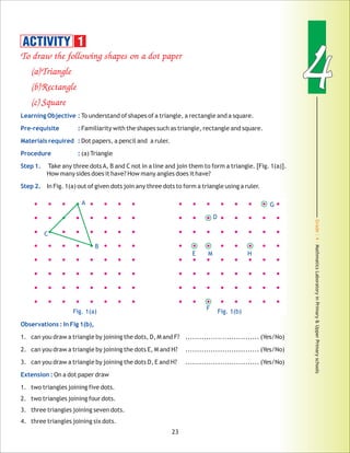 Grade:4-MathmaticsLaboratoryinPrimary&UpperPrimaryschools
44
23
To draw the following shapes on a dot paper
(a)Triangle
(b)Rectangle
(c) Square
: To understand of shapes of a triangle, a rectangle and a square.
Familiarity with the shapes such as triangle, rectangle and square.
Dot papers, a pencil and a ruler.
(a) Triangle
Take any three dotsA, B and C not in a line and join them to form a triangle. [Fig. 1(a)].
How many sides does it have? How many angles does it have?
In Fig. 1(a) out of given dots join any three dots to form a triangle using a ruler.
1. can you draw a triangle by joining the dots, D, M and F? ................................ (Yes/No)
2. can you draw a triangle by joining the dots E, M and H? ................................ (Yes/No)
3. can you draw a triangle by joining the dots D, E and H? ................................ (Yes/No)
On a dot paper draw
1. two triangles joining five dots.
2. two triangles joining four dots.
3. three triangles joining seven dots.
4. three triangles joining six dots.
Learning Objective
Pre-requisite :
Materials required :
Procedure :
Step 1.
Step 2.
Observations : In Fig 1(b),
Extension :
A
C
B
D
E M
F
G
H
Fig. 1(a) Fig. 1(b)
ACTIVITY 1
 