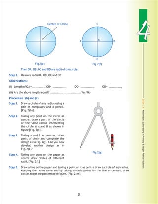 Grade:4-MathmaticsLaboratoryinPrimary&UpperPrimaryschools
44
27
Then OA, OB, OC and OD are radii of the circle.
Step
Observations:
Procedure : (b) and (c)
Step 1.
Step 2.
Step 3.
Step 4.
Step 5.
7. Measure radii OA, OB, OC and OD
(i) Length of OA= ............, OB= ............, OC= ............, OD= ............,
(ii) Are the above lengths equal? .............................. Yes/No
Draw a circle of any radius using a
pair of compasses and a pencil.
[Fig. 2(h)]
Taking any point on the circle as
centre, draw a part of the circle
of the same radius intersecting
the circle at A and B as shown in
figure [Fig. 2(i)].
Taking A and B as centres, draw
parts of circle and complete the
design as in Fig. 2(j). Can you now
develop another design as in
Fig. 2(k)?
Taking any point on the paper as
centre draw circles of different
radii. [Fig. 2(l)]
Draw a line on the paper and taking a point on it as centre draw a circle of any radius.
Keeping the radius same and by taking suitable points on the line as centres, draw
circles to get the pattern as in figure. [Fig. 2(m)]
C
D
OA B
Fig 2(f)
Centre of Circle
Fig 2(e)
Fig 2(g)
 