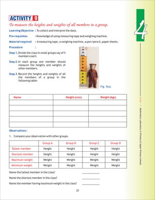 Grade:4-MathmaticsLaboratoryinPrimary&UpperPrimaryschools
44
37
ACTIVITY 9
To measure the heights and weights of all members in a group.
Name Height (cms) Weight (kgs)
Group A Group B Group C Group D
Tallest member
Shortest member
Maximum weight
Minimum weight
Learning Objective :
Pre-requisites :
Material required :
Procedure :
Step 1.
Step 2.
Step 3.
Observations :
To collect and interpret the data.
Knowledge of using measuring tape and weighing machine.
Ameasuring tape, a weighing machine, a pen/pencil, paper sheets.
Divide the class in small groups say of 5
members each.
In each group one member should
measure the heights and weights of
other members.
Record the heights and weights of all
the members of a group in the
following table:
1. Compare your observation with other groups.
Height Height Height Height
Height Height Height Height
Weight Weight Weight Weight
Weight Weight Weight Weight
Name the tallest member in the class? ____________
Name the shortest member in the class? ____________
Name the member having maximum weight in the class? ____________
Fig. 9(a)
 