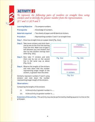 33
Grade:3-MathmaticsLaboratoryinPrimary&UpperPrimaryschools
4
To represent the following pairs of numbers on straight lines using
stickers and to identify the greater number from the representation.
(i) 7 and 11 (ii) 9 and 5
Learning Objective :
Prerequisite :
Materials required :
Procedure :
Step 1.
Step 2.
Step 3.
Step 4.
Observations :
Extension of the activity :
To compare numbers
Knowledge of numbers.
Two sheets of paper and 40 identical stickers.
Representing numbers 7 and 11 on straight lines
Draw two straight lines on a paper sheet [Fig. 2(a)].
Take seven stickers and stick them
one by one on the first line starting
from one end. Make sure no gap is
left between any two stickers and
also no two stickers overlap each
other [Fig. 2(b)].
Now take 11 stickers and stick
them one by one on the second
line in the same way as above
[Fig. 2(c)].
Observe the lengths of the stickers
and note down that the number
representing longer length of the
stickers, is greater than the other.
Similarly represent numbers 9 and 5 using
stickers and note down the number
representing longer length of the stickers.
Comparing the lengths of the stickers
(i) In the activity (i) greater number is …..
(ii) In the activity (ii) greater number is …..
This activity may also be performed by shading squares in a line on the
grid paper.
11 stickers
Fig. 2(a) Fig. 2(b)
7 stickers
ACTIVITY 2
Fig. 2(c)
 