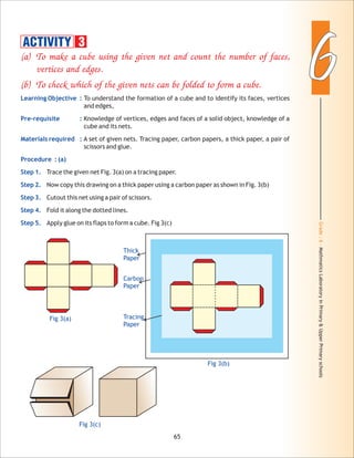 Grade:6-MathmaticsLaboratoryinPrimary&UpperPrimaryschools
66
65
(a) To make a cube using the given net and count the number of faces,
vertices and edges.
(b) To check which of the given nets can be folded to form a cube.
Learning Objective :
Pre-requisite :
Materials required :
Procedure : (a)
Step 1.
Step 2.
Step 3.
Step 4.
Step 5.
To understand the formation of a cube and to identify its faces, vertices
and edges,
Knowledge of vertices, edges and faces of a solid object, knowledge of a
cube and its nets.
A set of given nets. Tracing paper, carbon papers, a thick paper, a pair of
scissors and glue.
Trace the given net Fig. 3(a) on a tracing paper.
Now copy this drawing on a thick paper using a carbon paper as shown in Fig. 3(b)
Cutout this net using a pair of scissors.
Fold it along the dotted lines.
Apply glue on its flaps to form a cube. Fig 3(c)
Fig 3(a)
Fig 3(b)
Thick
Paper
Carbon
Paper
Tracing
Paper
Fig 3(c)
ACTIVITY 3
 
