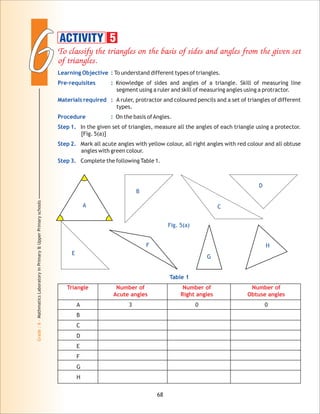 66
Grade:6-MathmaticsLaboratoryinPrimary&UpperPrimaryschools
To classify the triangles on the basis of sides and angles from the given set
of triangles.
Learning Objective :
Pre-requisites :
Materials required :
Procedure :
Step 1.
Step 2.
Step 3.
To understand different types of triangles.
Knowledge of sides and angles of a triangle. Skill of measuring line
segment using a ruler and skill of measuring angles using a protractor.
A ruler, protractor and coloured pencils and a set of triangles of different
types.
On the basis ofAngles.
In the given set of triangles, measure all the angles of each triangle using a protector.
[Fig. 5(a)]
Mark all acute angles with yellow colour, all right angles with red colour and all obtuse
angles with green colour.
Complete the following Table 1.
68
D
E
F
G
H
B
C
Table 1
Triangle
Acute angles Right angles Obtuse angles
A 3 0 0
B
C
D
E
F
G
H
Number of Number of Number of
ACTIVITY 5
Fig. 5(a)
 