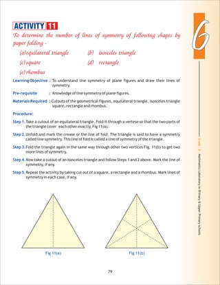Grade:6-MathmaticsLaboratoryinPrimary&UpperPrimaryschools
66
79
To determine the number of lines of symmetry of following shapes by
paper folding -
(a)equilateral triangle (b) isosceles triangle
(c) square (d) rectangle
(e) rhombus
Learning Objective :
Pre-requisite :
Materials Required :
Procedure:
Step 1.
Step 2.
Step 3.
Step 4.
Step 5.
To understand line symmetry of plane figures and draw their lines of
symmetry.
Knowledge of line symmetry of plane figures.
Cutouts of the geometrical figures, equilateral triangle, isosceles triangle
square, rectangle and rhombus.
Take a cutout of an equilateral triangle. Fold it through a vertese so that the two parts of
the triangle cover each other exactly, Fig 11(a).
Unfold and mark the crease or the line of fold. The triangle is said to have a symmetry
called line symmetry. This line of fold is called a line of symmetry of the triangle.
Fold the triangle again in the same way through other two vertices Fig. 11(b) to get two
more lines of symmetry.
Now take a cutout of an isosceles triangle and follow Steps 1 and 2 above. Mark the line of
symmetry, if any.
Repeat the activity by taking cut out of a square, a rectangle and a rhombus. Mark lines of
symmetry in each case, if any.
ACTIVITY 11
Fig 11(a) Fig 11(b)
 