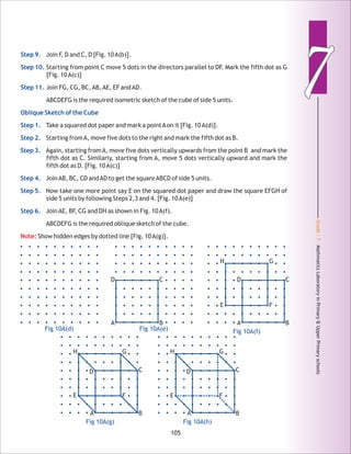 Grade:7-MathmaticsLaboratoryinPrimary&UpperPrimaryschools
77
105
Fig 10A(d) Fig 10A(e) Fig 10A(f)
H G
E F
D C
A B
Fig 10A(g)
H G
E F
D C
A B
Fig 10A(h)
H G
E F
D C
A B
Step 9.
Step 10.
Step 11.
Oblique Sketch of the Cube
Step 1.
Step 2.
Step 3.
Step 4.
Step 5.
Step 6.
Join F, D and C, D [Fig. 10A(b)].
Starting from point C move 5 dots in the directors parallel to DF. Mark the fifth dot as G
[Fig. 10A(c)]
Join FG, CG, BC,AB,AE, EF andAD.
ABCDEFG is the required isometric sketch of the cube of side 5 units.
Take a squared dot paper and mark a pointAon it [Fig. 10A(d)].
Starting fromA, move five dots to the right and mark the fifth dot as B.
Again, starting fromA, move five dots vertically upwards from the point B and mark the
fifth dot as C. Similarly, starting from A, move 5 dots vertically upward and mark the
fifth dot as D. [Fig. 10A(c)]
JoinAB, BC, CD andAD to get the squareABCD of side 5 units.
Now take one more point say E on the squared dot paper and draw the square EFGH of
side 5 units by following Steps 2,3 and 4. [Fig. 10A(e)]
JoinAE, BF, CG and DH as shown in Fig. 10A(f).
ABCDEFG is the required oblique sketch of the cube.
Show hidden edges by dotted line [Fig. 10A(g)].Note:
D C
A B
 